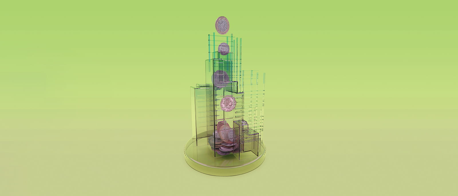 GBP coins falling into a plastic money box bank in the shape of a skyscrapers buildings on a green background
