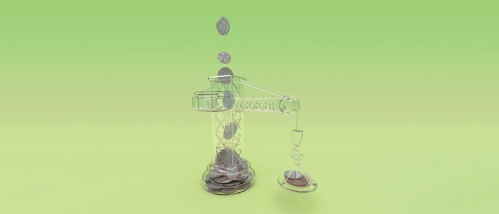 GBP coins falling into a plastic money box bank in the shape of a construction crane on a green background