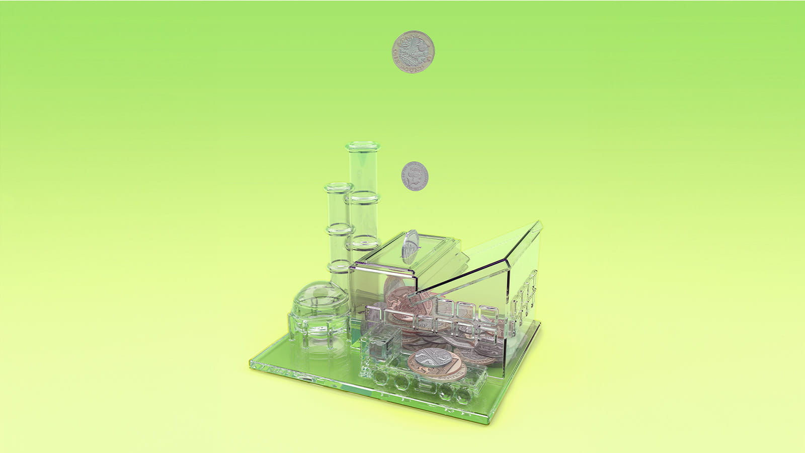 GBP coins falling into a plastic money box bank in the shape of a factory on a green background