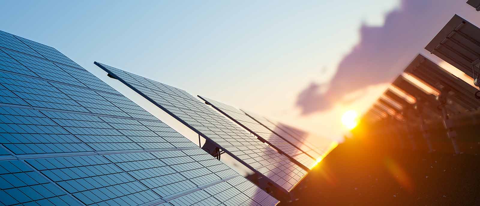 setting sun sunset shining reflecting on a row of solar panels orange glow clouds