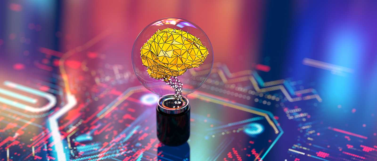 digital electronic computer chip board with a yellow geometric brain