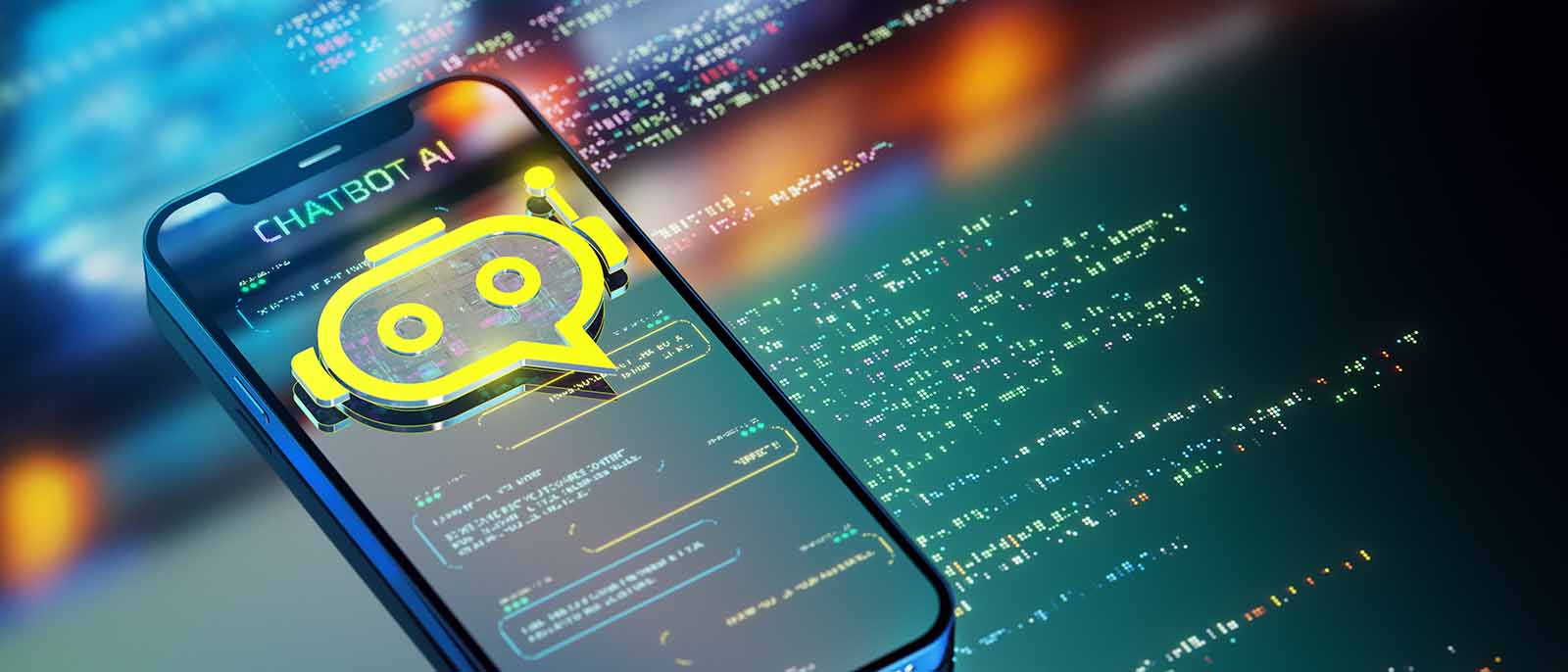Chatbot powered by AI. Transforming Industries and customer service. Yellow chatbot icon over smart phone in action. Modern 3D render