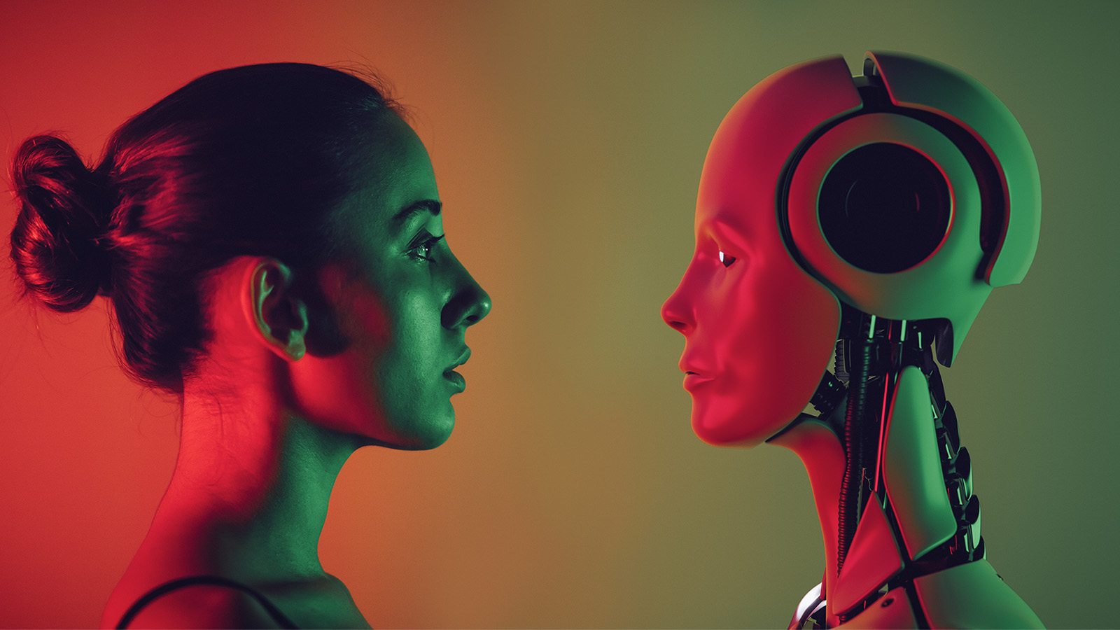 profile of a young woman with hair in a bun looking at an AI robot android red and green lighting