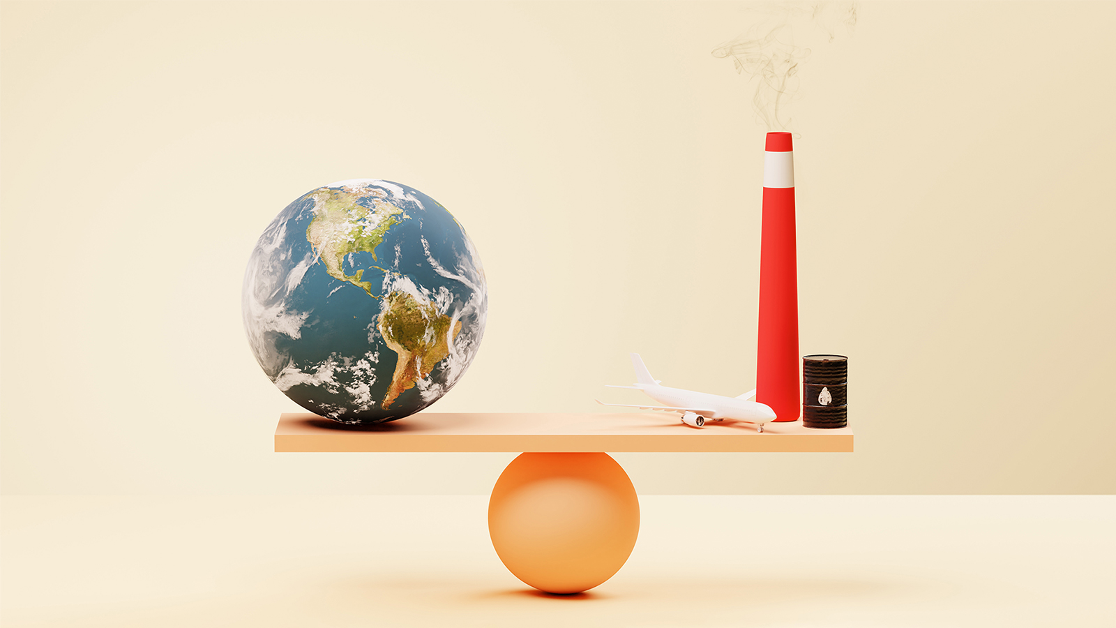 3D illustration of a balancing board with the planet earth on the left and fossil fuels on the right airplane oil drum industrial chimney