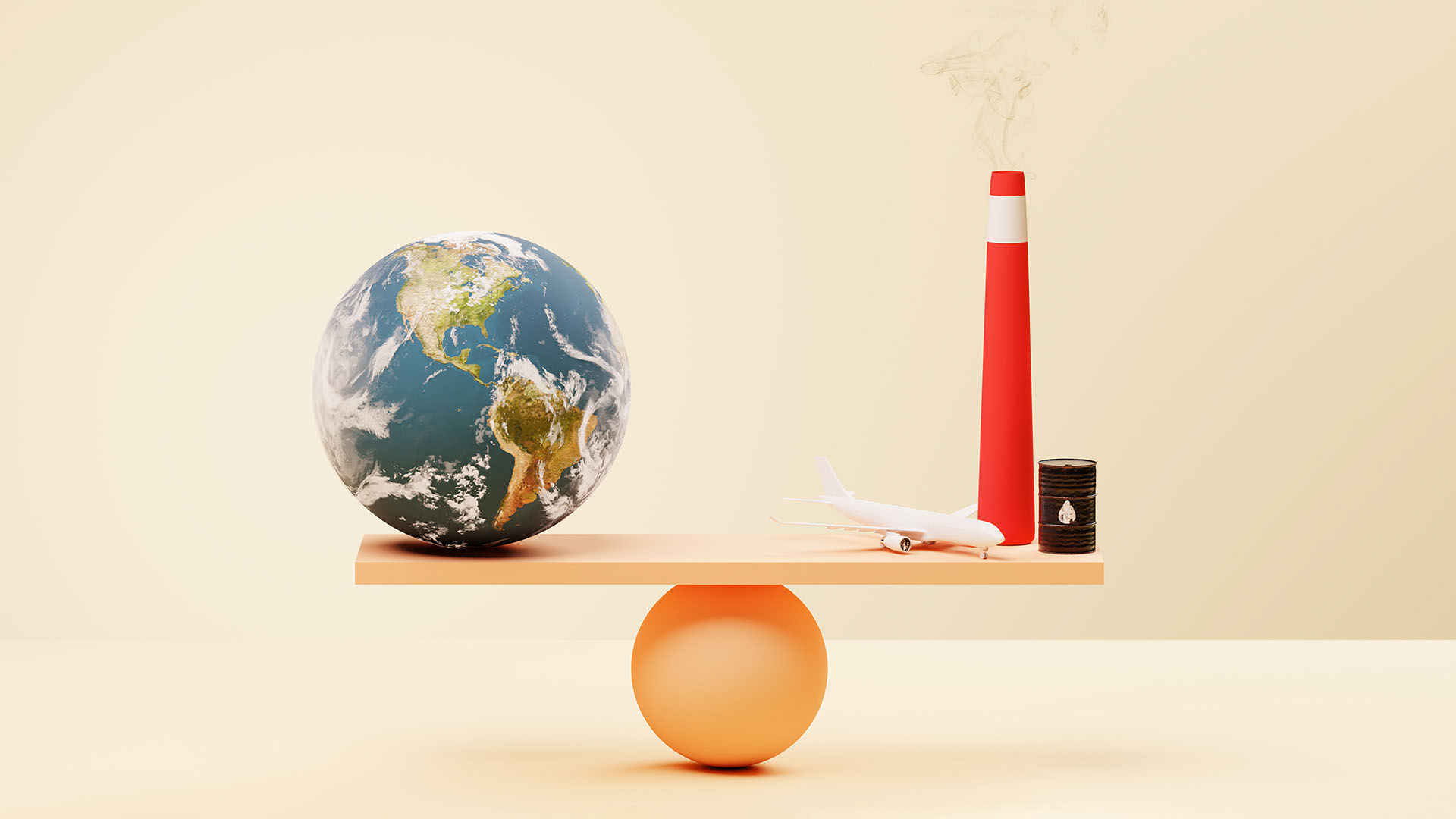 3D illustration of a balancing board with the planet earth on the left and fossil fuels on the right airplane oil drum industrial chimney