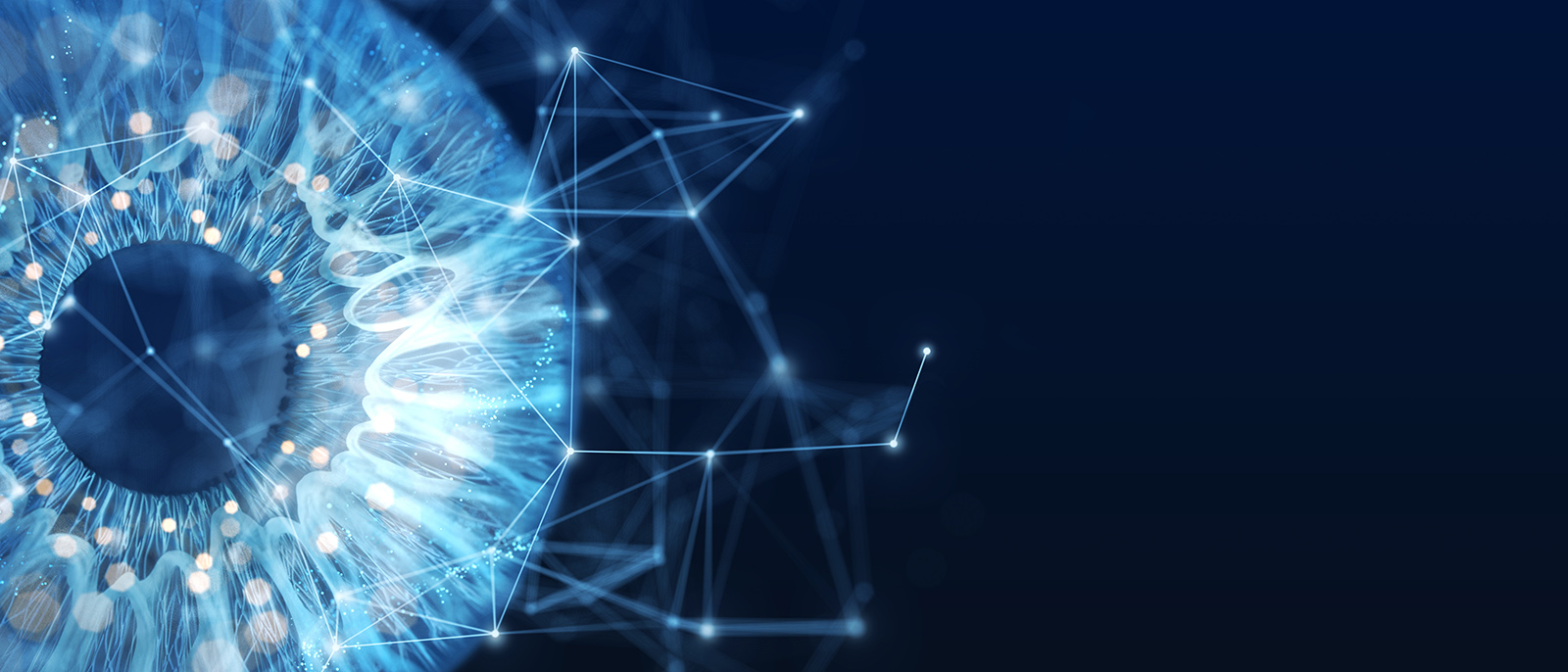 eye iris pupil blue with computer cyber fiber lights network AI artificial intelligence