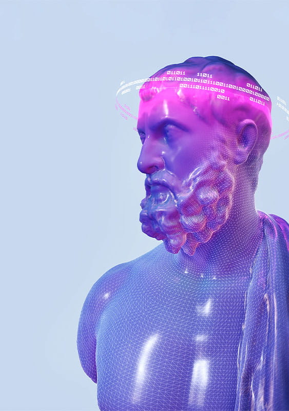 Digital generated image of ancient male's head with with numbers flying above his hand against blue grey background.