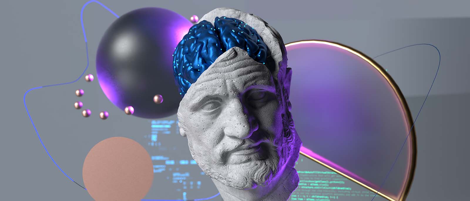 Artificial Intelligence Technology, OpenAI Conversation Automation stock photo classical bust statue open brain