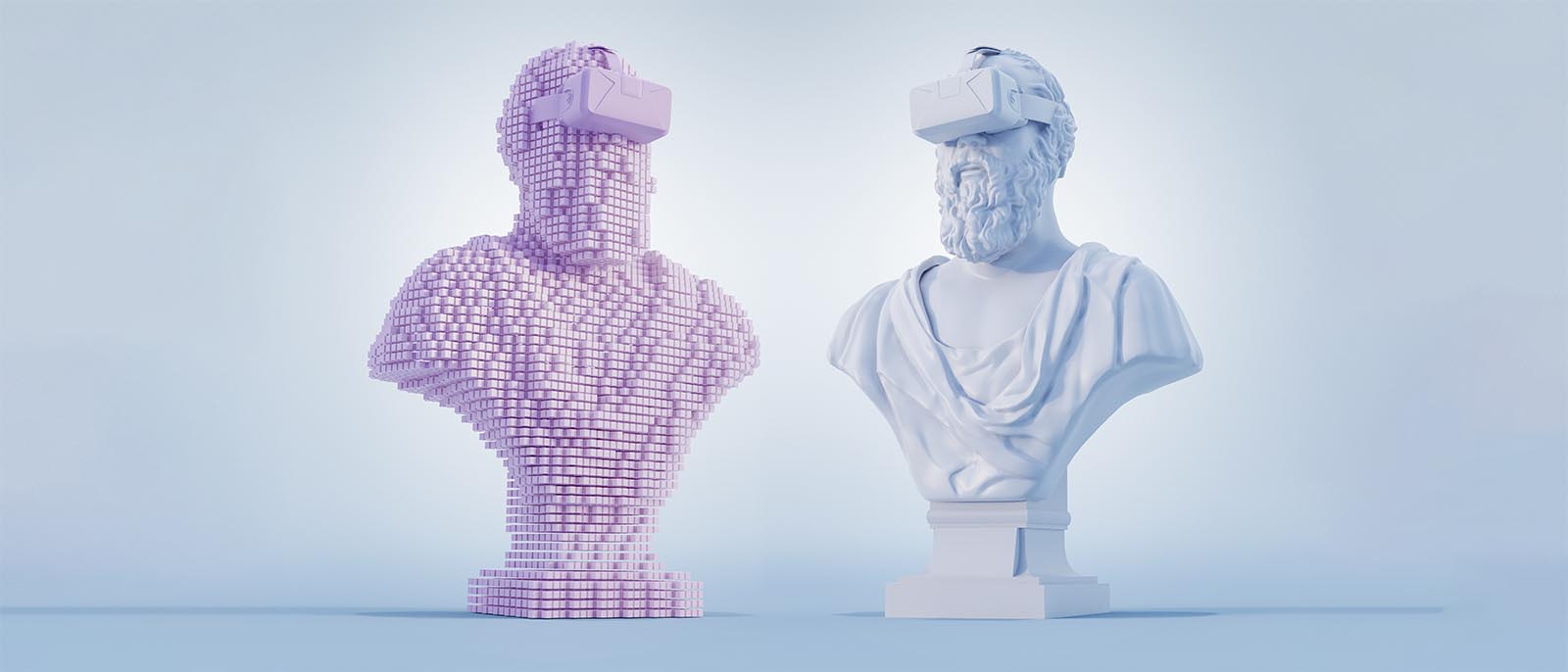 Classic statue made of pixels beside marble classic statue with AR headset