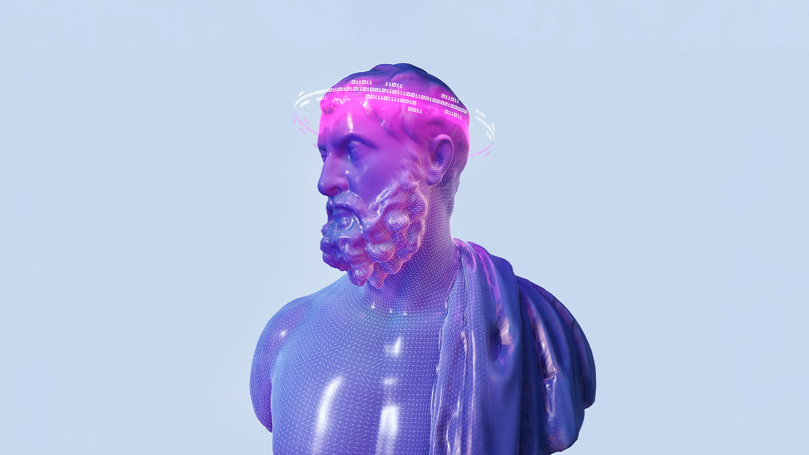 Digital generated image of ancient male's head with with numbers flying above his hand against blue grey background.