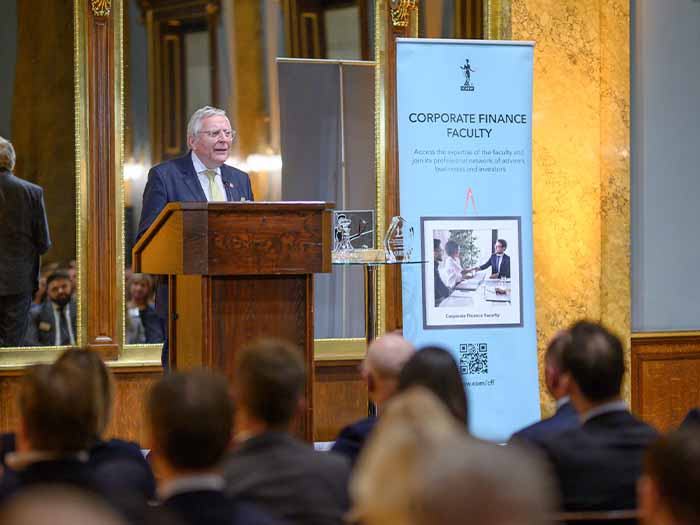 Lord Clement-Jones CBE, co-chair of the All-Party Parliamentary Group on Artificial Intelligence, speaking at the ICAEW Corporate Finance Annual Reception 2024 Fishmongers Hall London UK