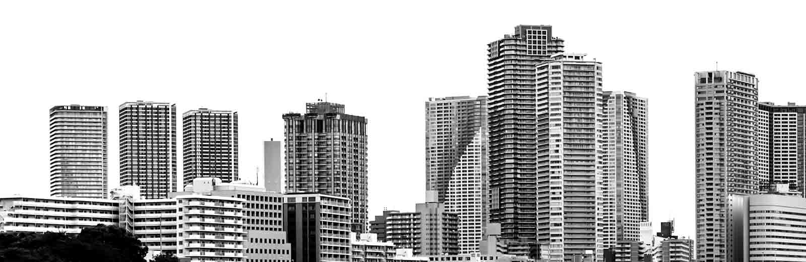 Urban cityscape of Tokyo Tsukishima area with business skyscrapers and high rise residential builidngs, Chuo ward, Japan.
