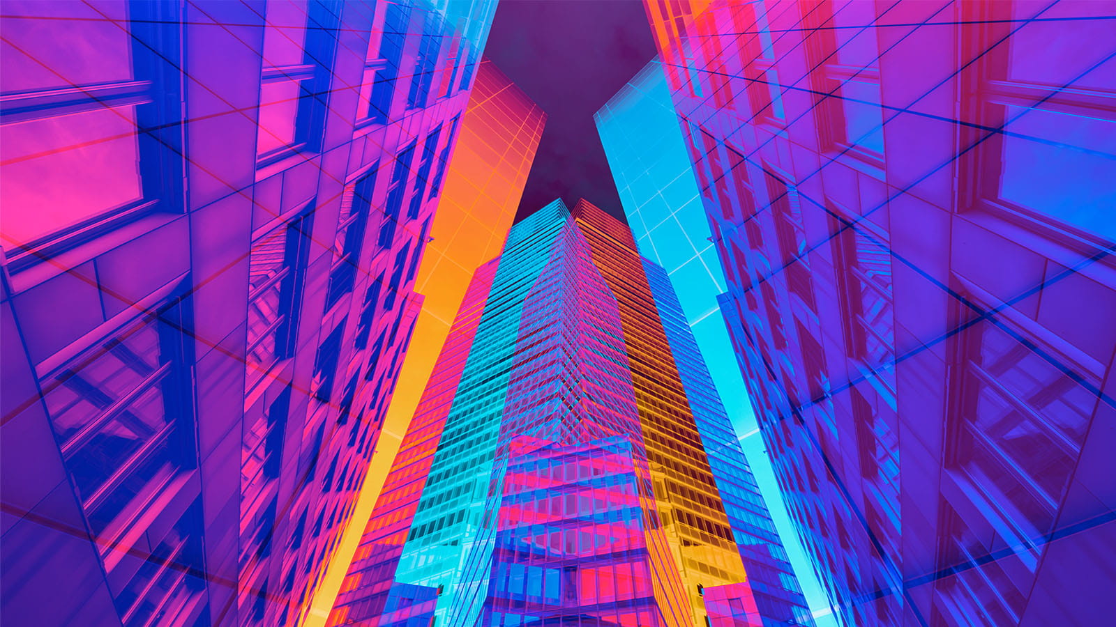 digital collage image looking up at city skyscraper buildings colourful purple prink blue orange