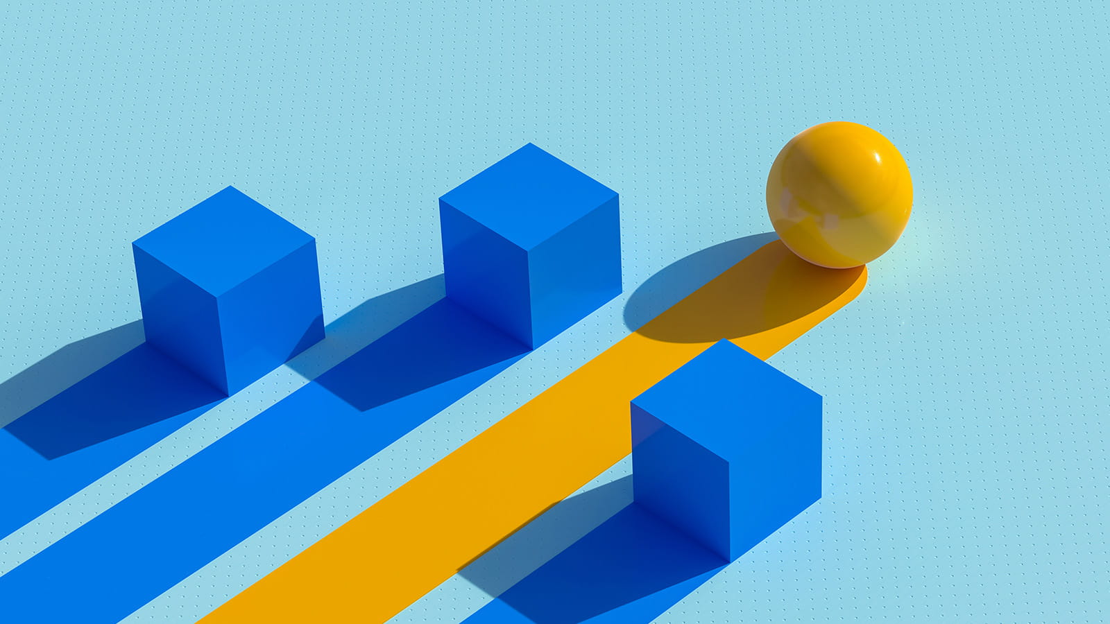 3D illustration image of a yellow ball and three blue cubes