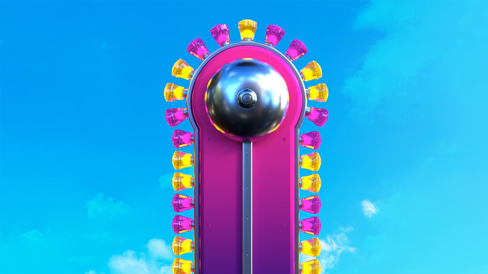 digital illustration of a high striker bell fun fair game pink yellow lights against a blue sky