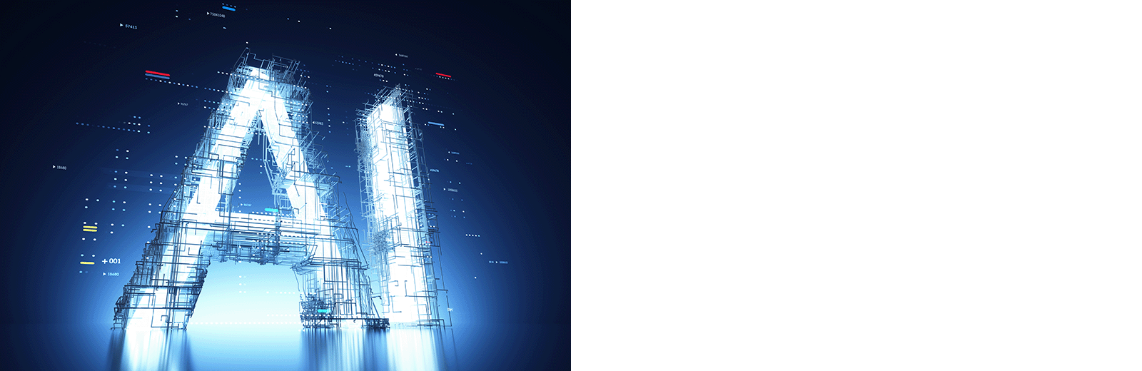 letters word AI made up of computer electric fibres blue