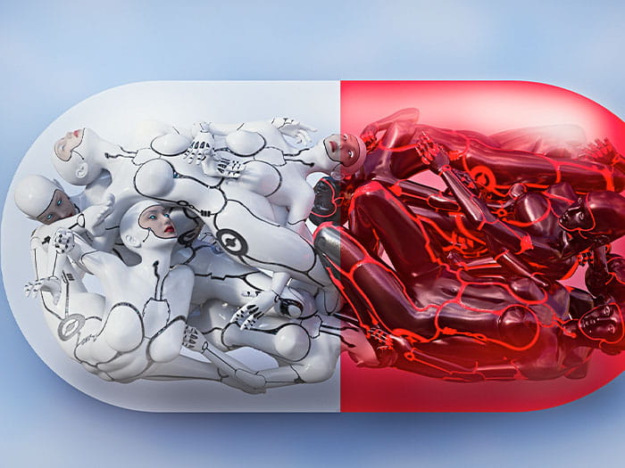 illustration of Cyborgs inside pharmaceutical pill