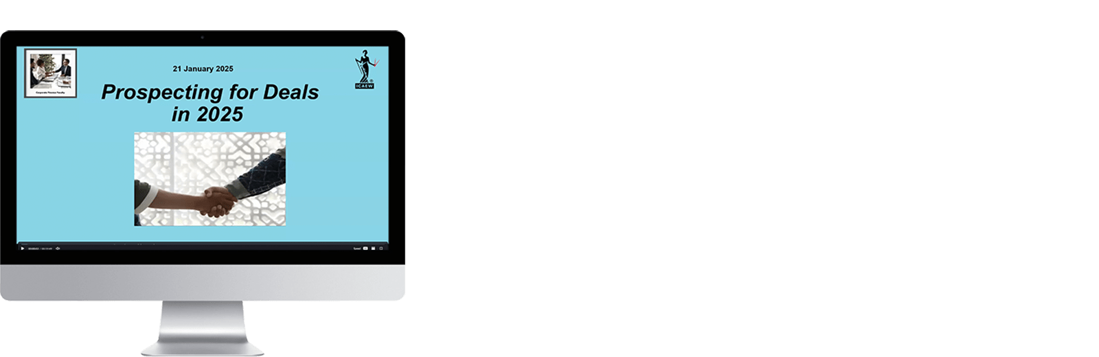 ICAEW Corporate Finance Faculty webinar Prospecting for Deals in 2025 on a computer monitor