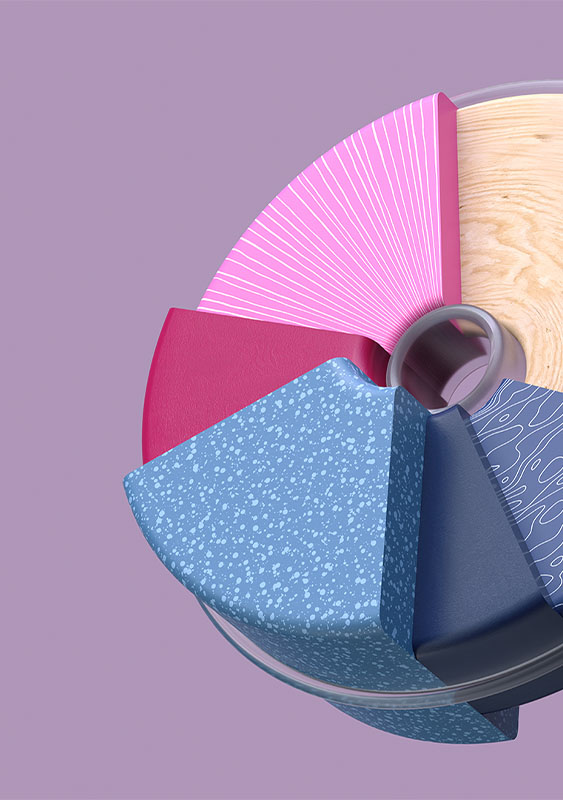 3D illustration of a pie chart made of wood painted in pink blue