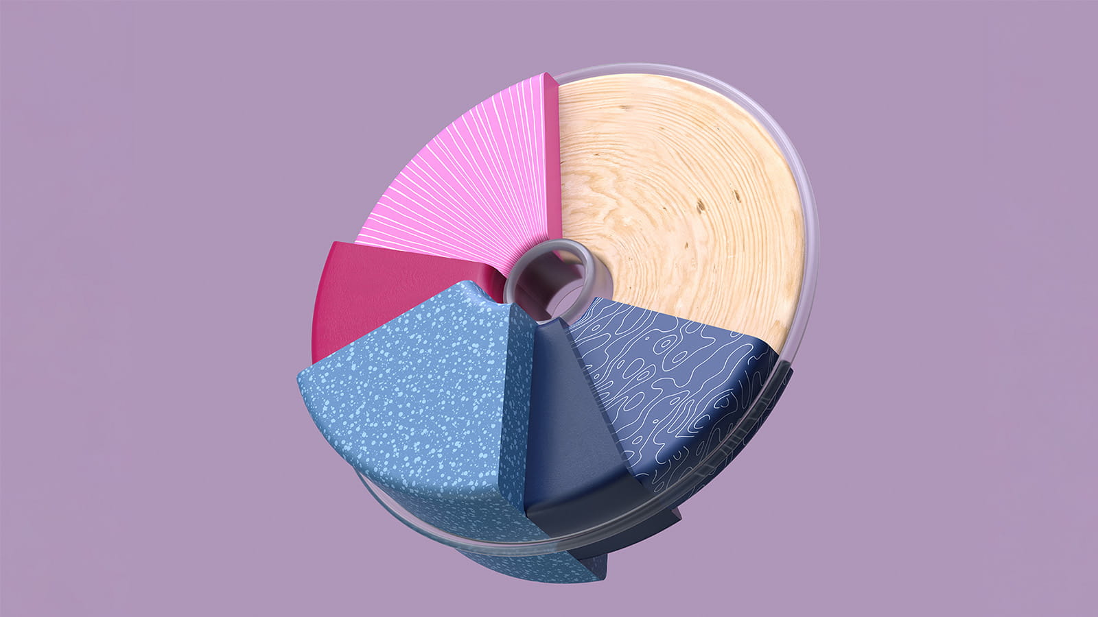 3D illustration of a pie chart made of wood painted in pink blue