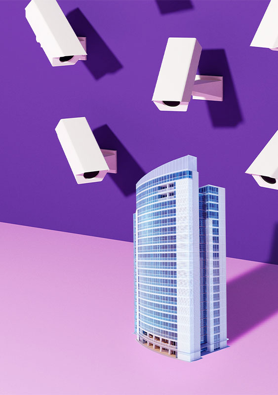 multiple many security cameras pointing at a skyscraper building glass purple background