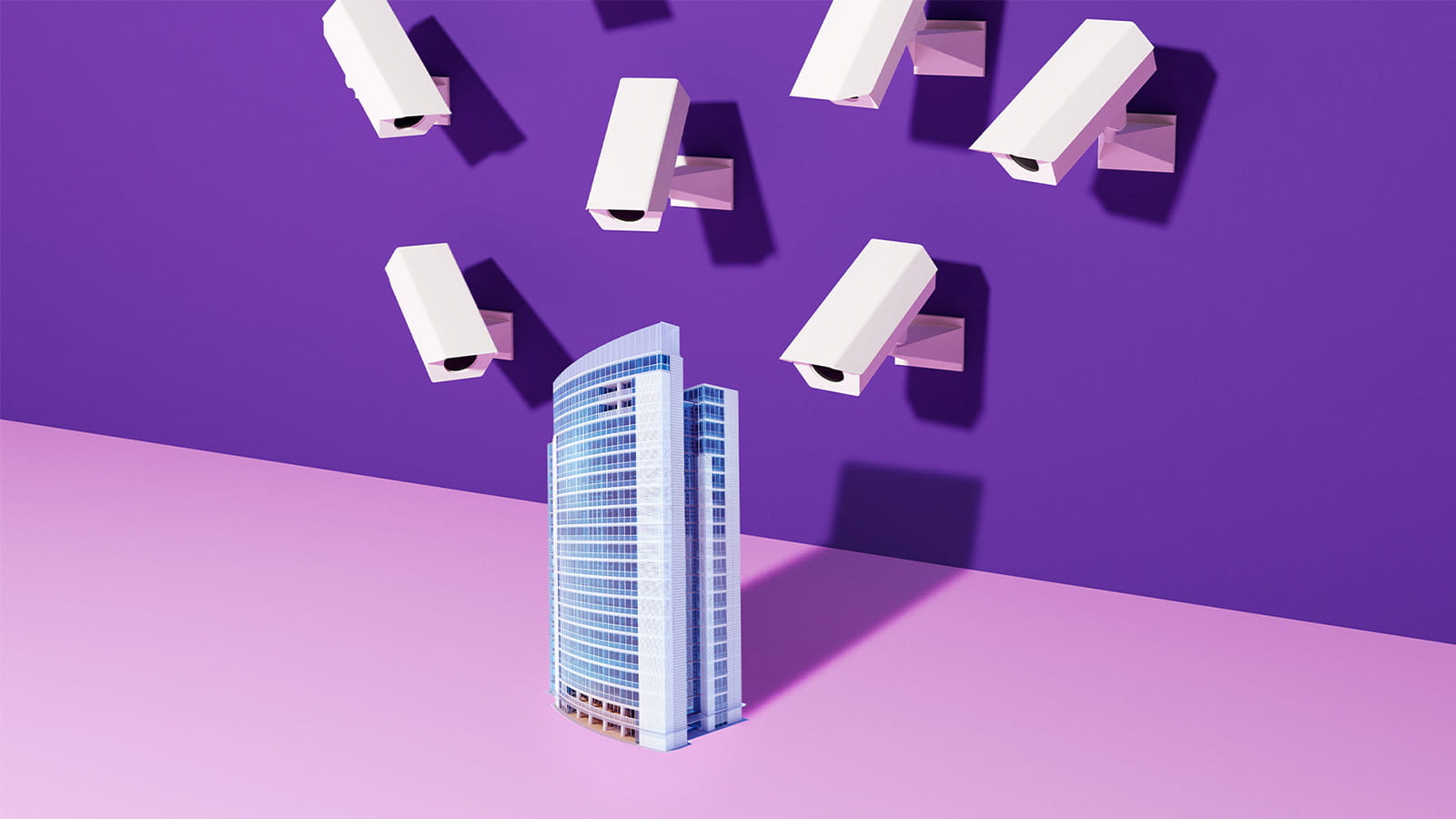 multiple many security cameras pointing at a skyscraper building glass purple background