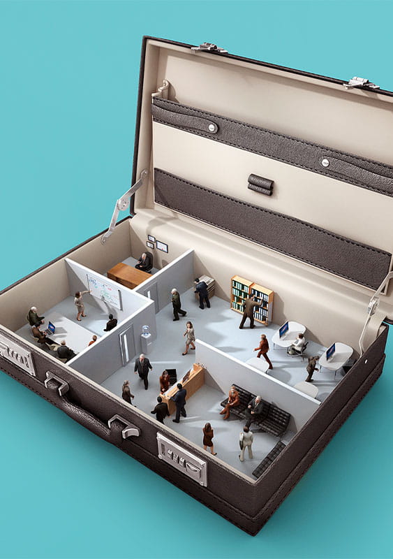 miniature office in a briefcase rooms employees blue background