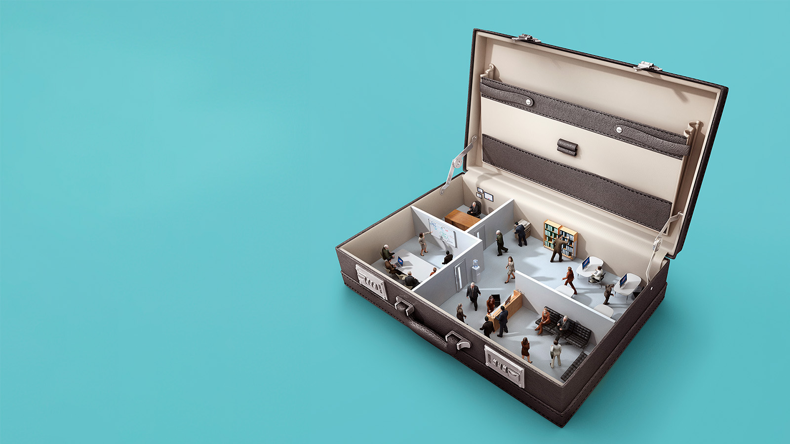 miniature office in a briefcase rooms employees blue background