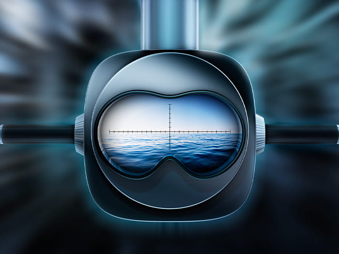 looking through a periscope view of sea ocean water horizon