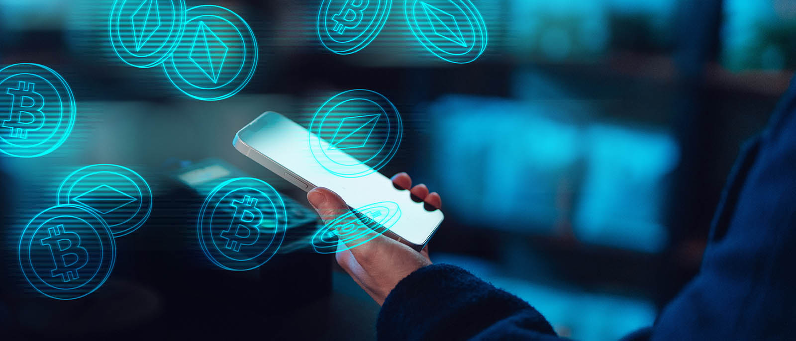 Mockup image for businesswoman using smartphone for financial planning and investment. Smartphone with Bitcoin, Blockchain, cryptocurrency concept.