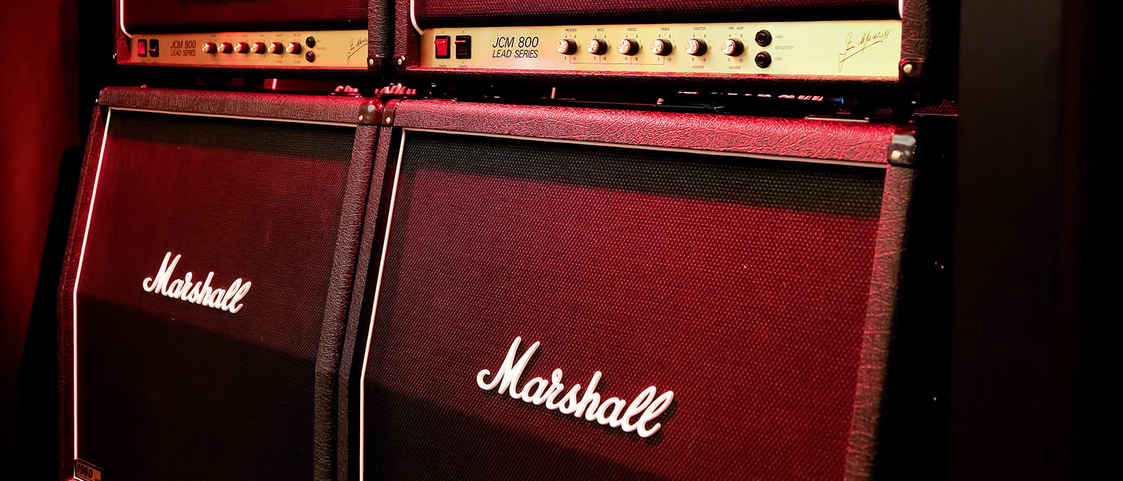 A view of several Marshall amplifiers and cabinets on display at the Marshall booth at the NAMM Show