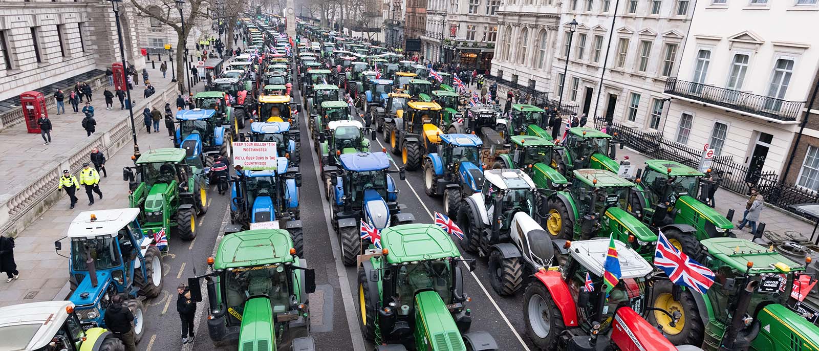 London, UK. 10 February, 2025. Farmers fill Whitehall and surrounding streets with hundreds of tractors during their third protest against the changes to agricultural inheritance tax announced by chancellor Rachel Reeves in the October 2024 budget. The event, organised by 'Save British Farming' and 'Fairness for Farmers', took place ahead of MPs debating a petition in Parliament calling for agricultural land to remain exempt from inheritance tax. Credit: Ron Fassbender/Alamy Live News