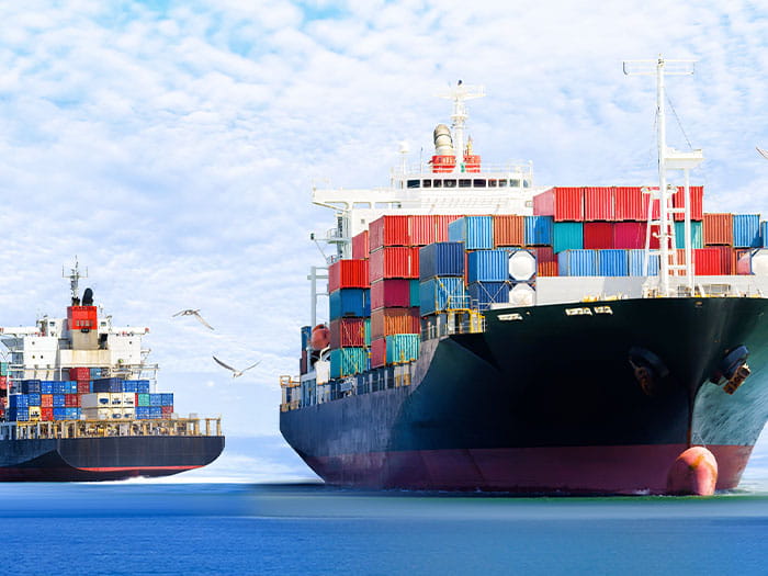 two large cargo ships on the ocean seagulls shipping containers water sea