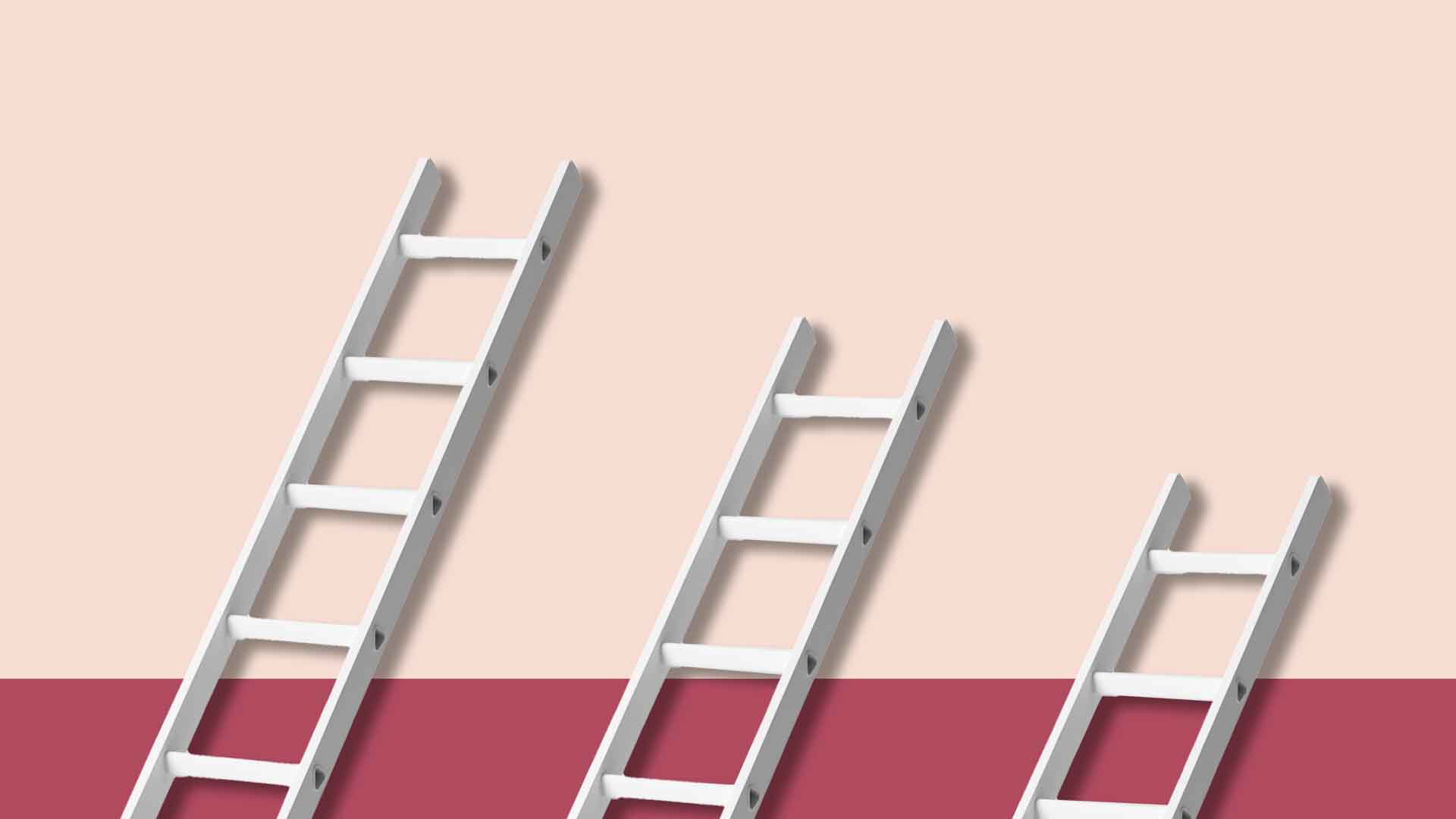 digital illustration of three white ladders against a pink background corporate climbing