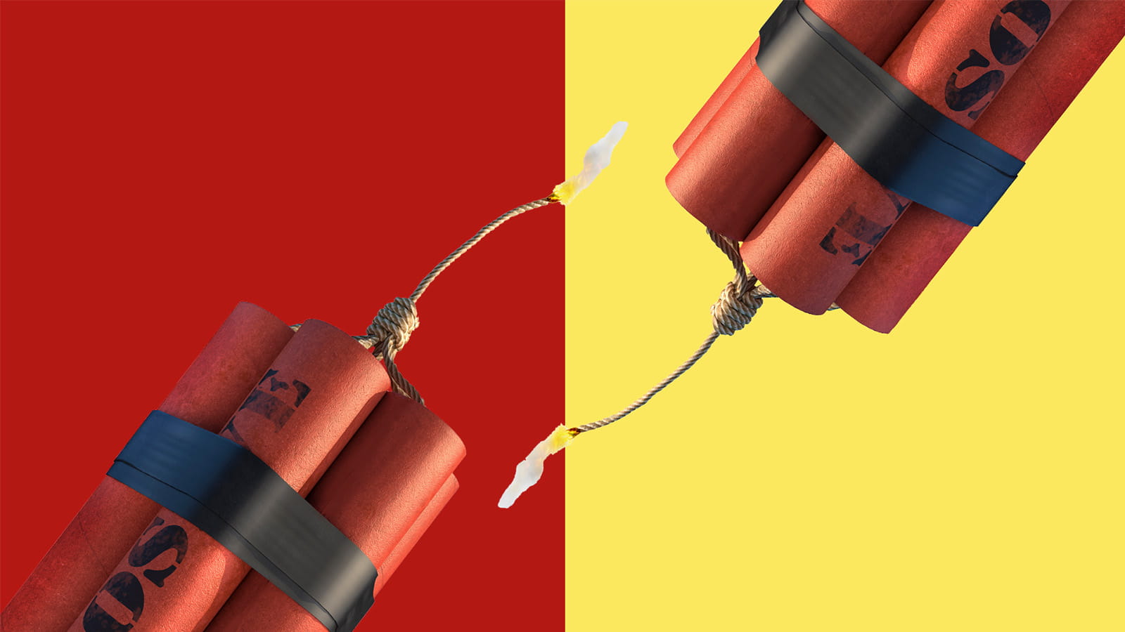 digital illustratoin of two sticks of dynamite ignited on a yellow and red background