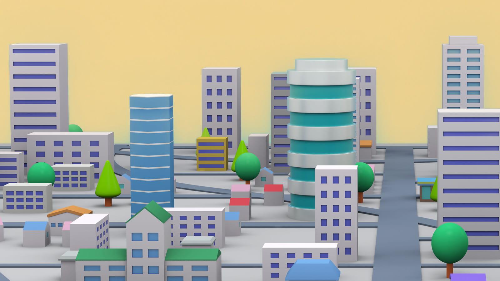 digital illustration of city buildings skyscrapers apartments offices on a yellow background