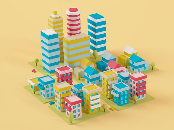 digital illustration of a city buildings skyscrapers apartments offices on a yellow background