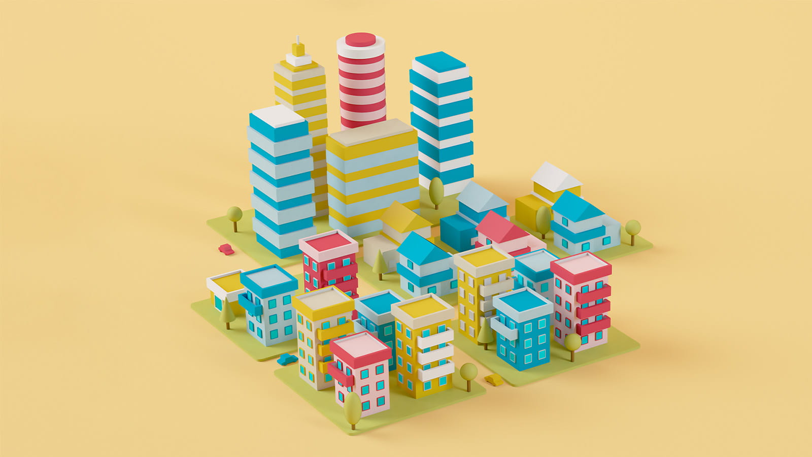 digital illustration of a city buildings skyscrapers apartments offices on a yellow background