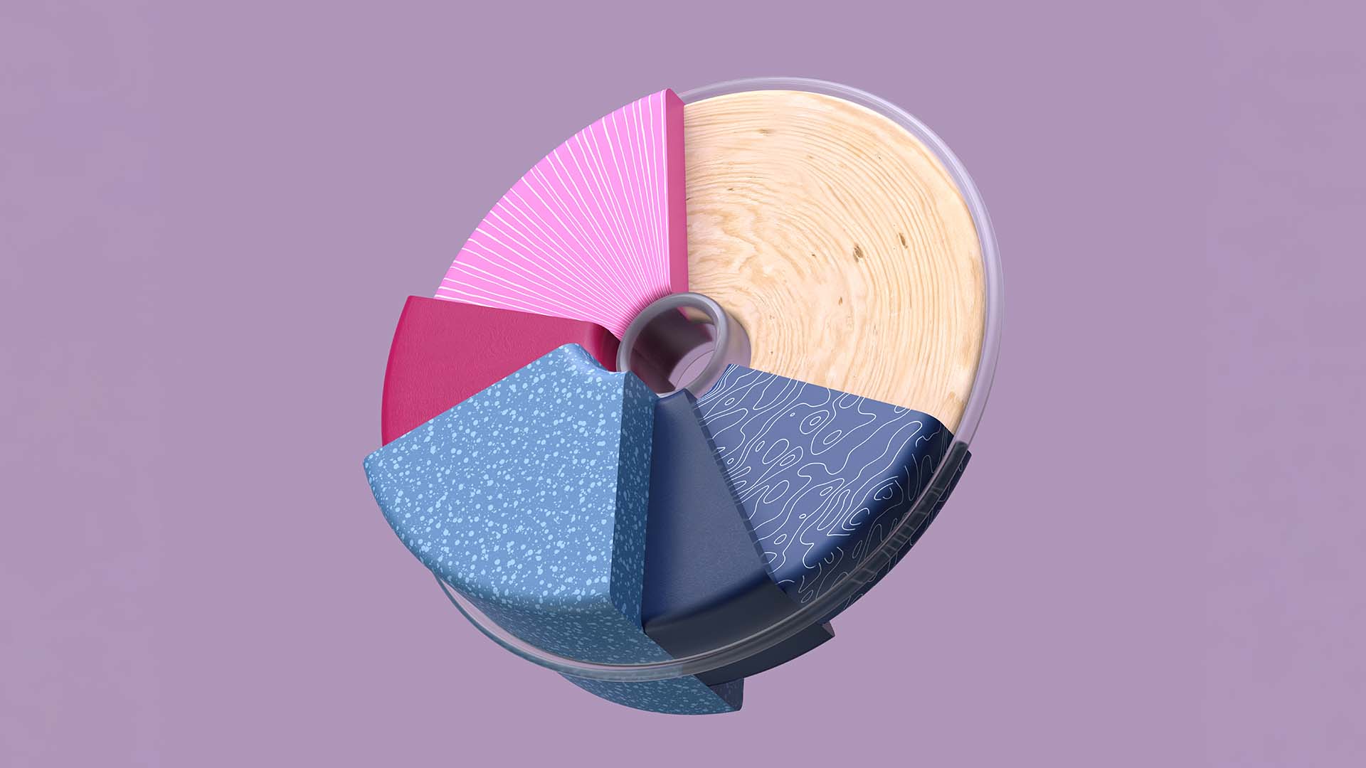 digital 3D illustration of a pie chart with different textures colours wood