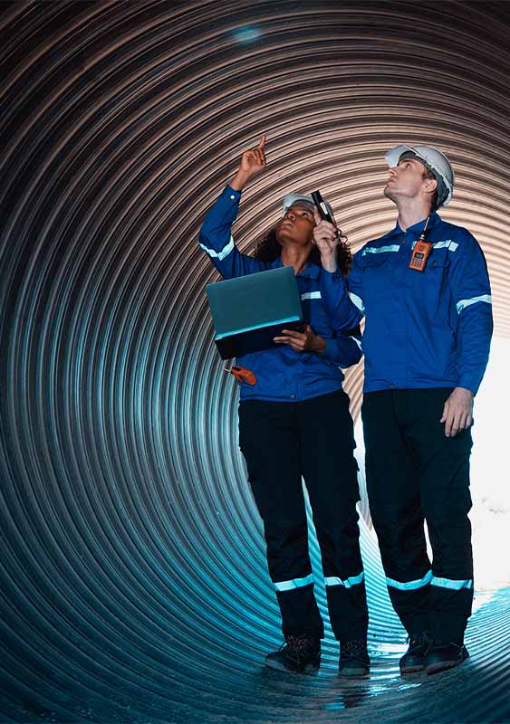 two engineers employees working inspecting inside a large tunnel construction high vis hardhats