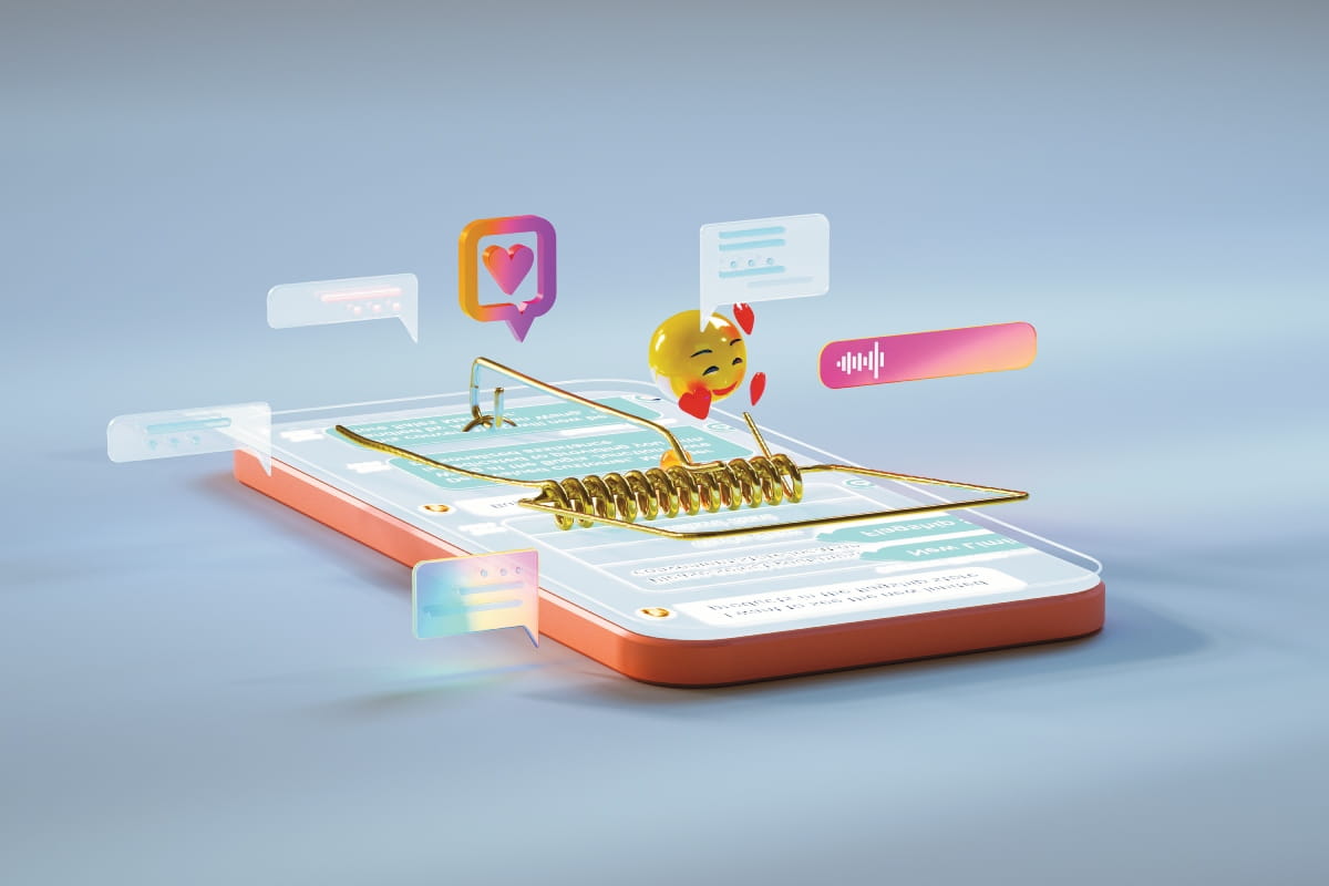 Smart phone with graphics of text messages and emojis popping out of the screen