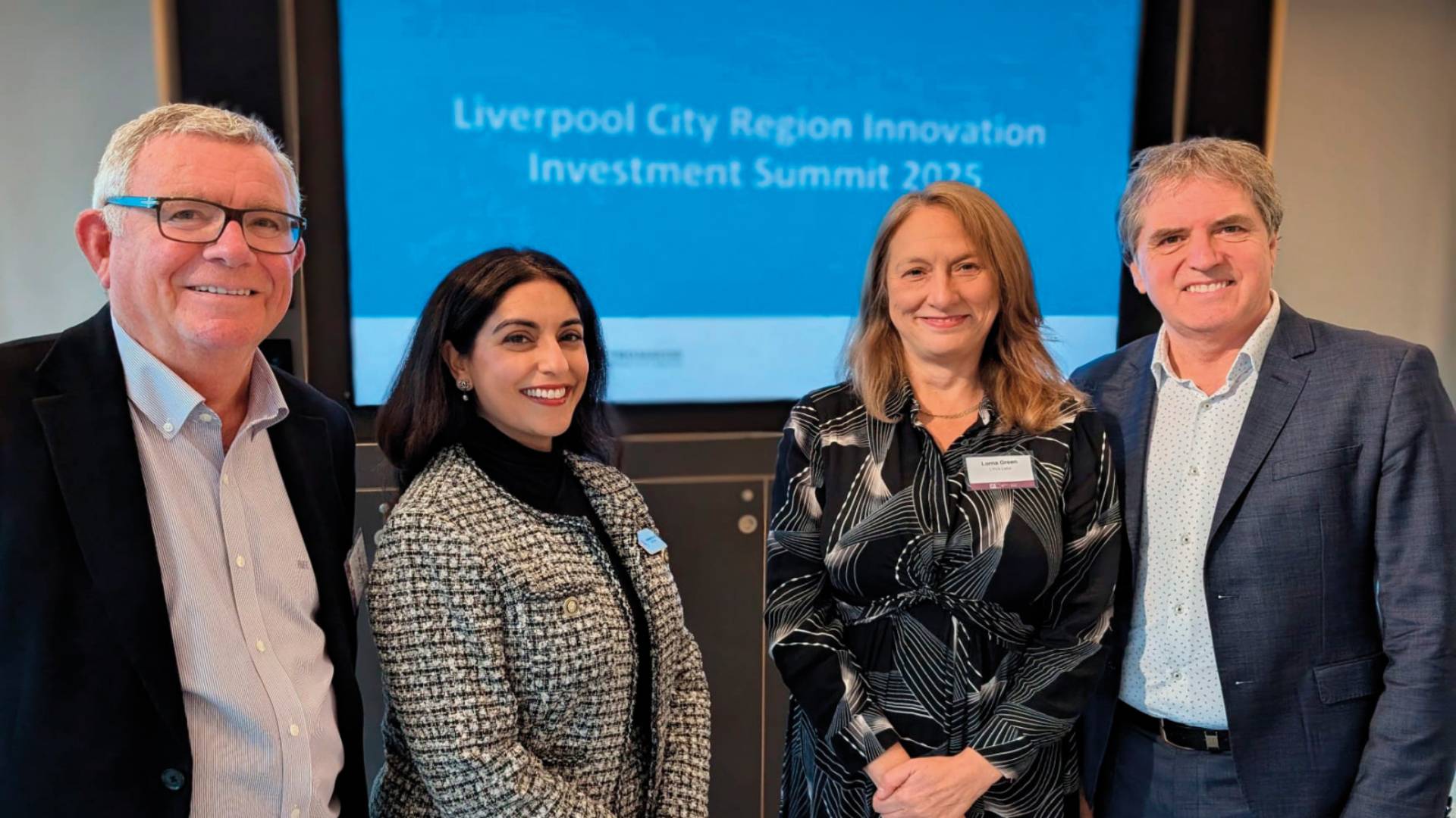 Steve Stuart of LYVA Labs; Jaspreet Grewal of AxialBridge: Lorna Green of LYVA Labs; and Liverpool Metro Mayor Steve Rotheram