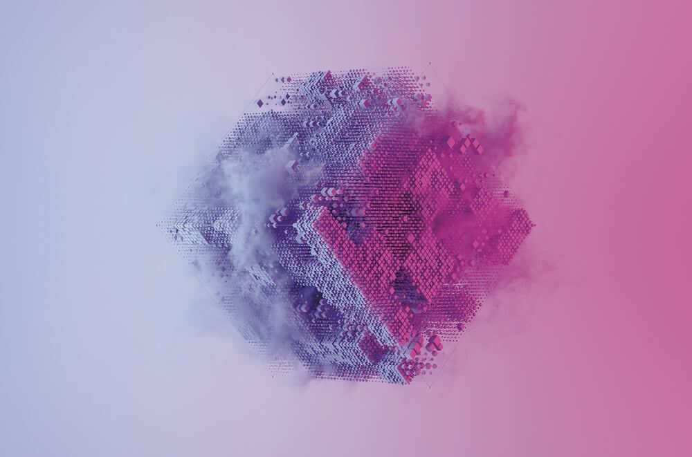 Pixellated image of exploding purple square