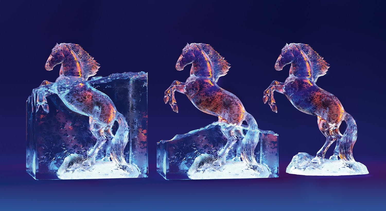 Image of three horses carved in ice