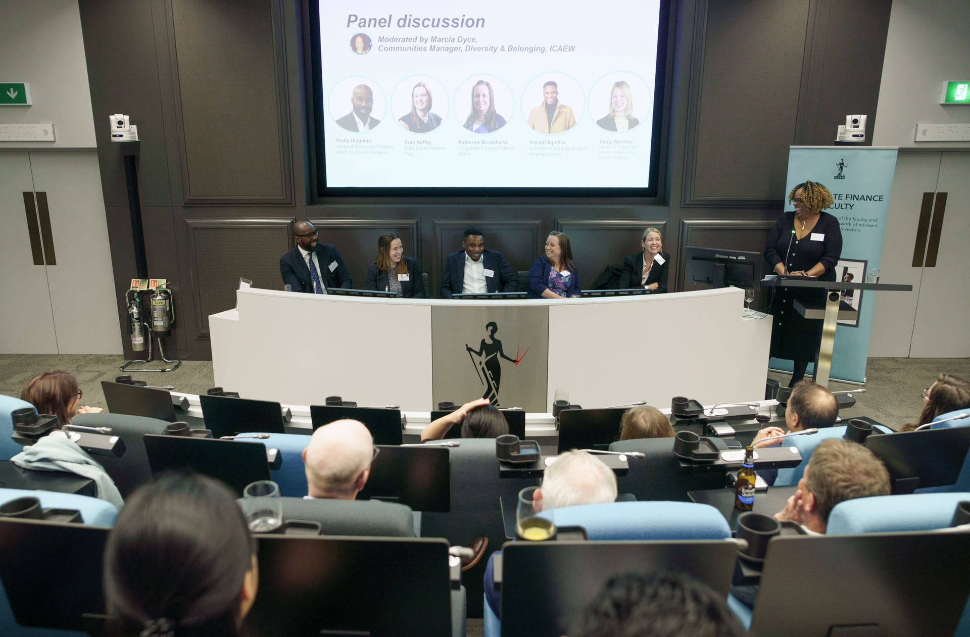 Panel for diversity and inclusion in corporate finance event: Philip Olangunju, Cara Haffey, Katherine Broadhurst, Vincent Egunlae, Keely Woodley and Marcia Dyce