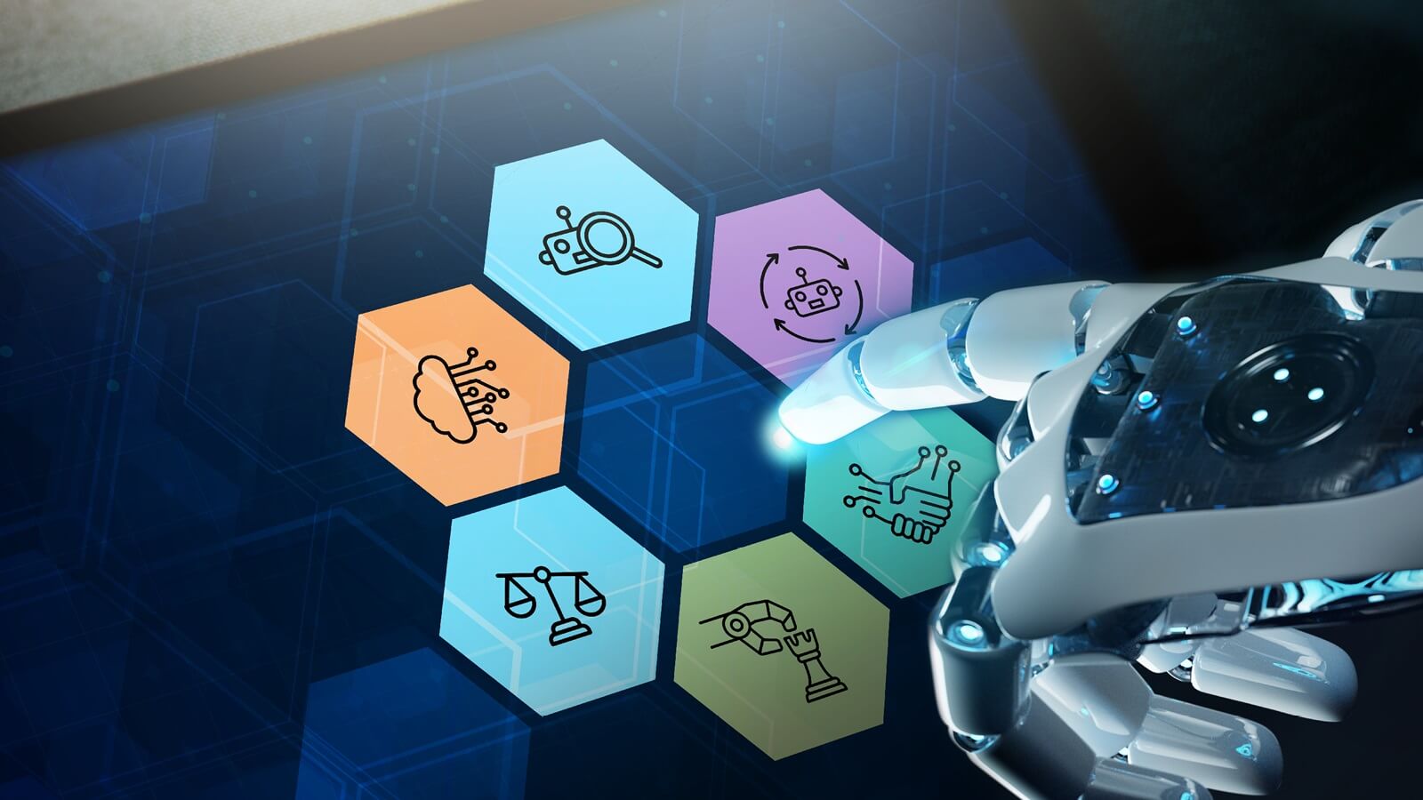 Robot hand touching screen with six images for topic areas