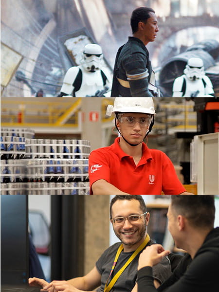 Three photos of people spliced one above the other