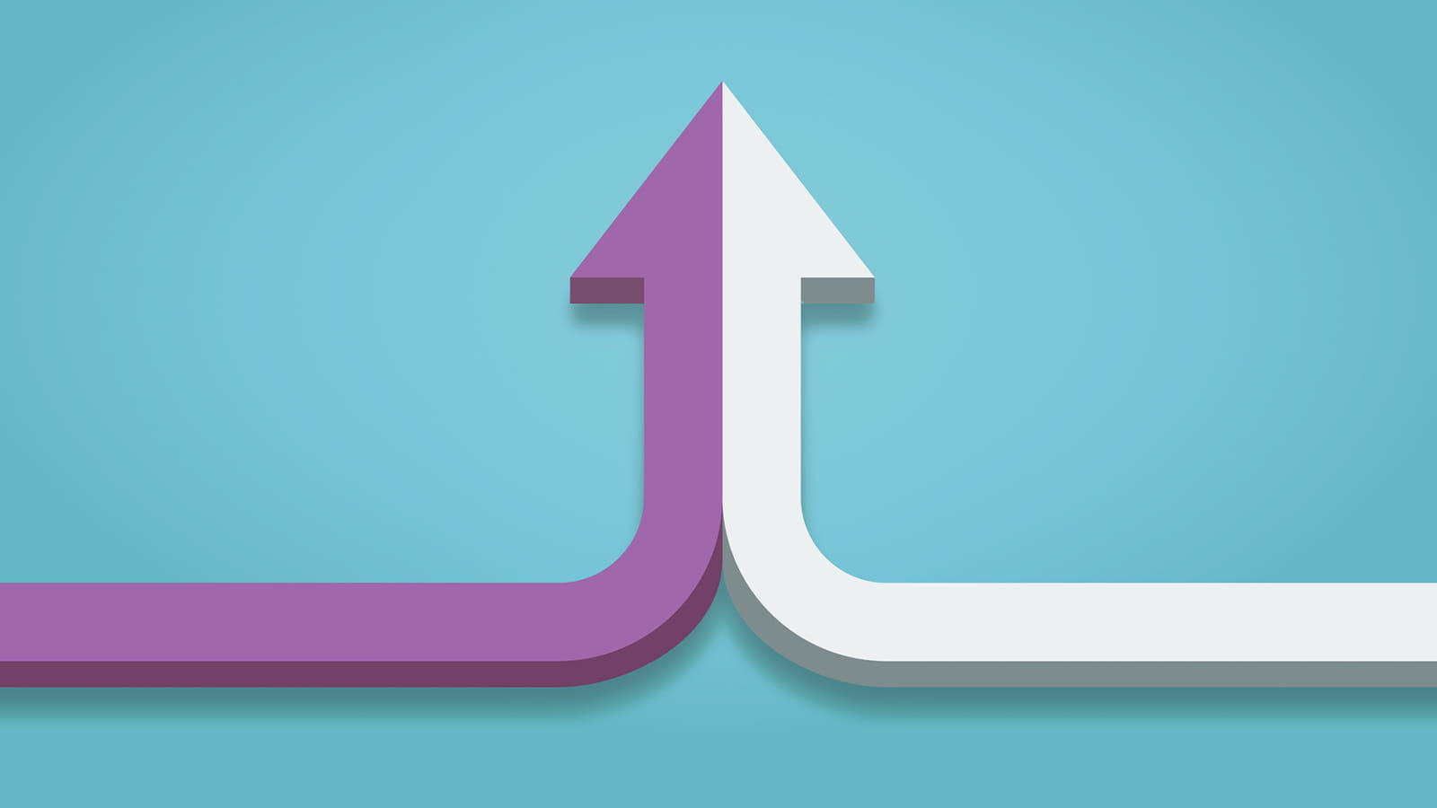 two arrows converging to create one arrow purple white on a blue background