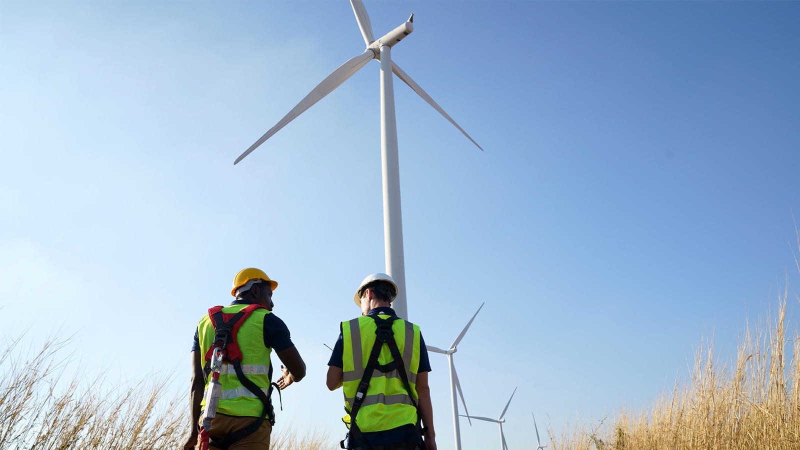 Wind turbines energy engineers walking inspect work at sites hard hats high-vis