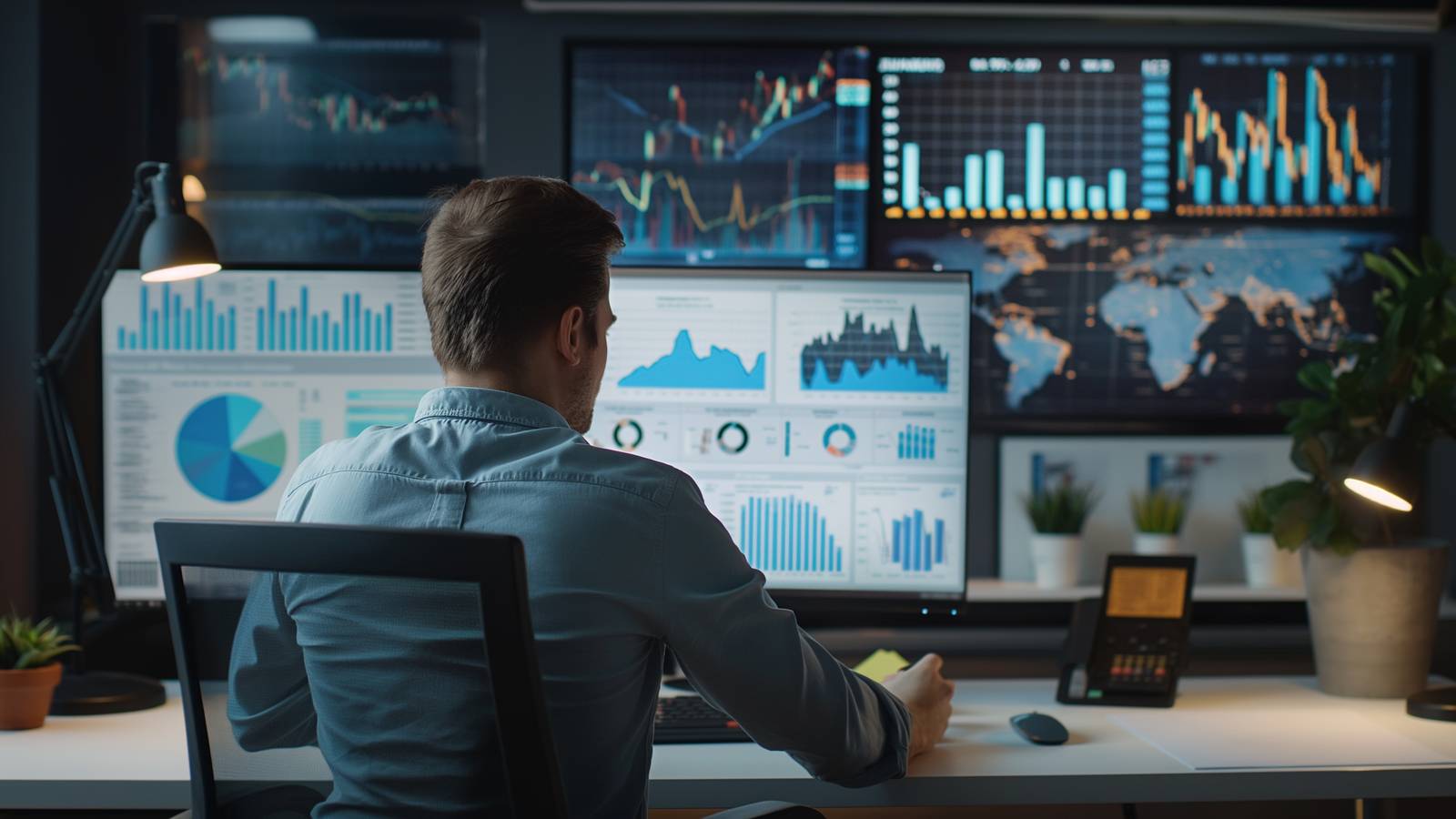 Worker analysing charts and data